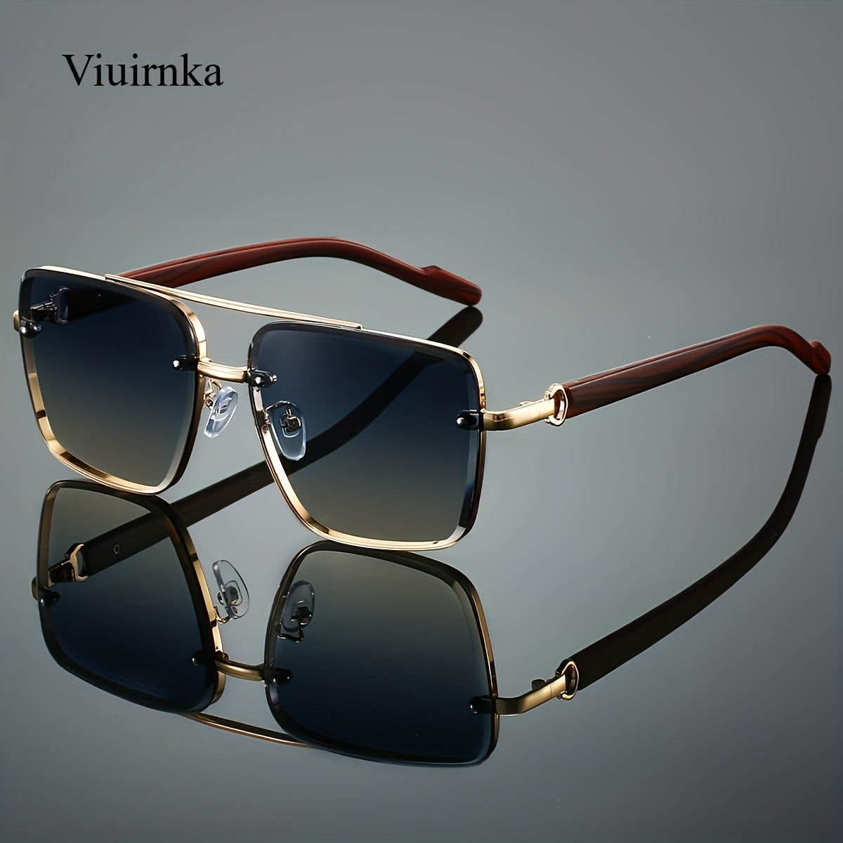 Sunglasses for Men - Square Women Double Bridge Gold Frame, Vintage Wood Grain Texture Light - product detail view 18