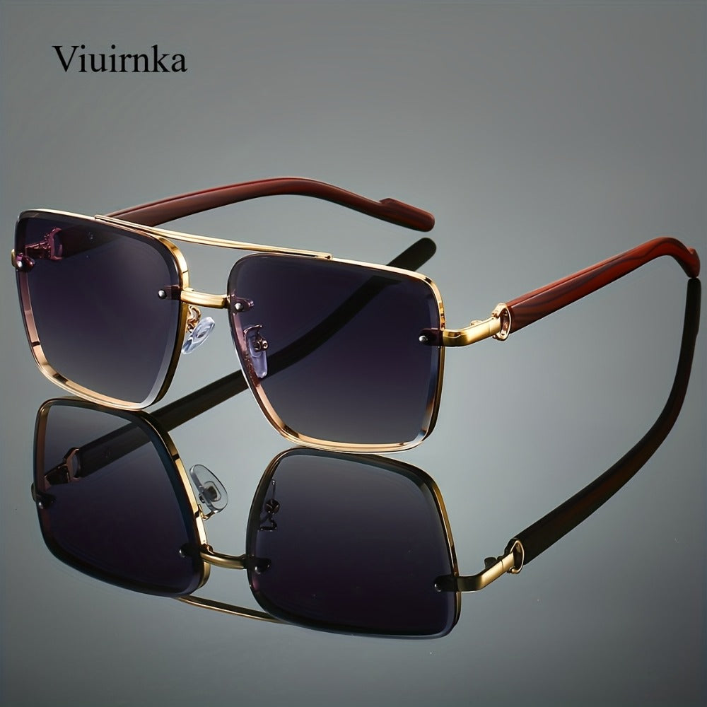 Sunglasses for Men - Wood Grain UV400 Square Bridge Frame - AC Lens Gold PC Lightweight Retro - product detail view 3