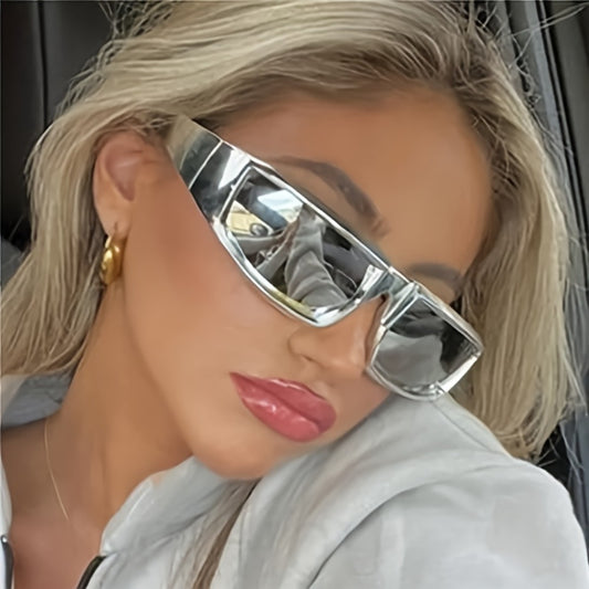 Sunglasses for Men - Y2K Futuristic Wrap Silver Mirror Lens Polygonal Tech Style Fashion - main product view