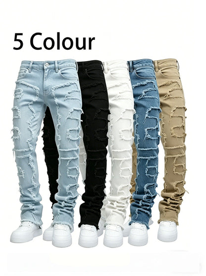 Teen Patchwork Ripped Jeans - Retro Street Slim Fit – Black option – view 4