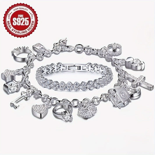Tennis Bracelet - 925 Sterling Silver Set Women S925 CZ Retro Charm Set 2 Piece Zirconia - main product view