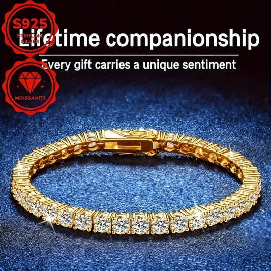 Tennis Bracelet - Moissanite S925 Sterling Silver Gold - 4mm Bright Cut Arranged Stones - main product view
