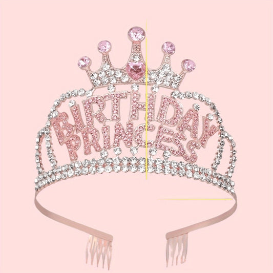 Tiara Crown - Headband Rhinestone Princess for Women Girls Glitter Rose Gold Letter Hair - main product view