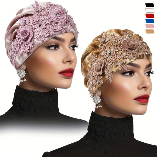 Turban Hat - 2-Pack for Women Applique Flower Ruffle Velvet Headscarf Bonnet Boho Head - main product view