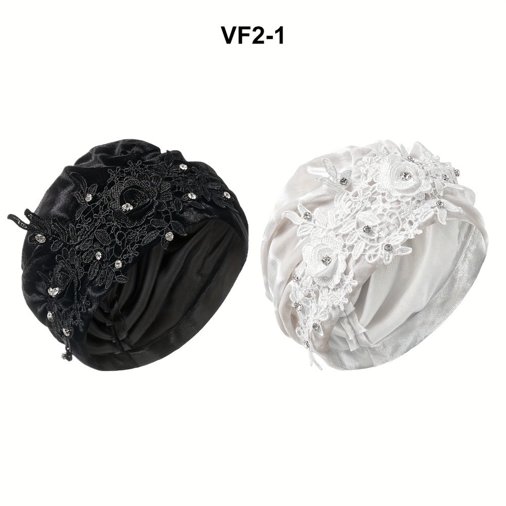 Turban Hat - 2-Pack for Women Applique Flower Ruffle Velvet Headscarf Bonnet Boho Head - product detail view 3