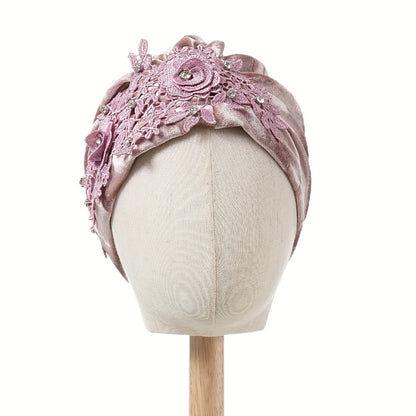 Turban Hat - 2-Pack for Women Applique Flower Ruffle Velvet Headscarf Bonnet Boho Head - product detail view 4