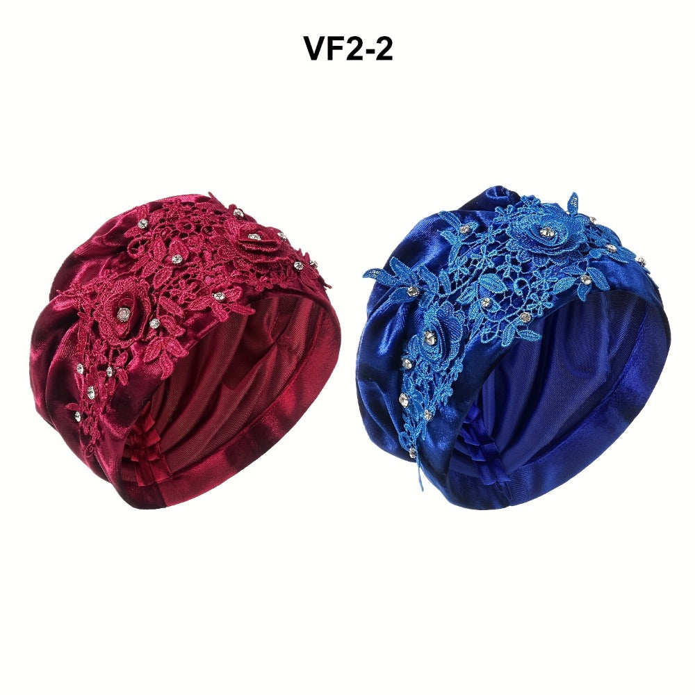 Turban Hat - 2-Pack for Women Applique Flower Ruffle Velvet Headscarf Bonnet Boho Head - product detail view 5