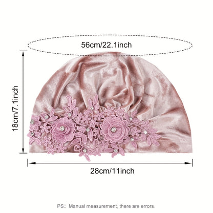 Turban Hat - 2-Pack for Women Applique Flower Ruffle Velvet Headscarf Bonnet Boho Head - product detail view 6