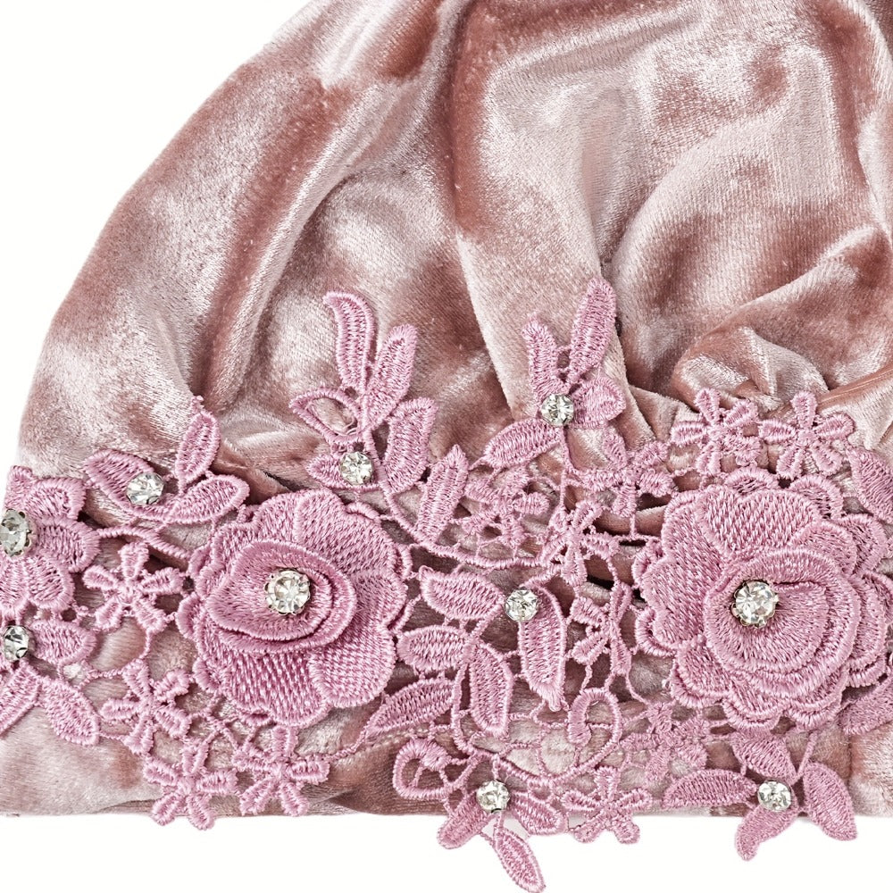 Turban Hat - 2-Pack for Women Applique Flower Ruffle Velvet Headscarf Bonnet Boho Head - product detail view 9