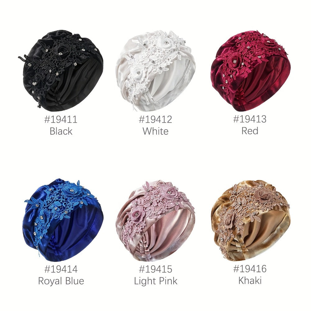 Turban Hat - 2-Pack for Women Applique Flower Ruffle Velvet Headscarf Bonnet Boho Head - product detail view 10