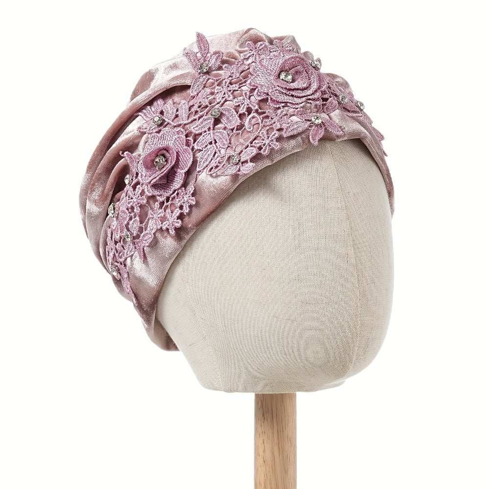 Turban Hat - 2-Pack for Women Applique Flower Ruffle Velvet Headscarf Bonnet Boho Head - product detail view 11