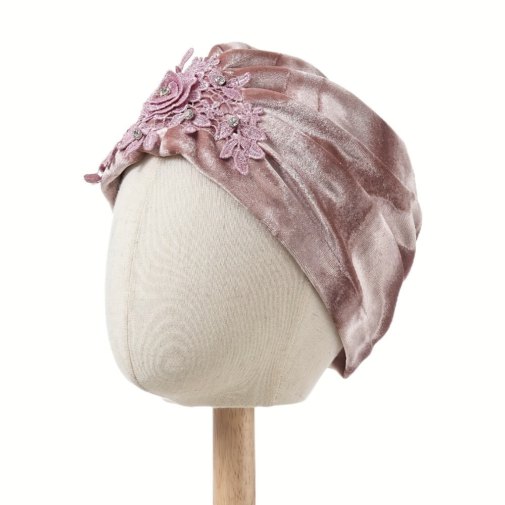 Turban Hat - 2-Pack for Women Applique Flower Ruffle Velvet Headscarf Bonnet Boho Head - product detail view 12