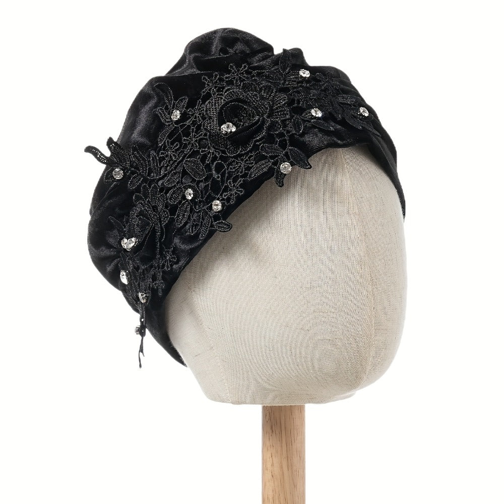Turban Hat - 2-Pack for Women Applique Flower Ruffle Velvet Headscarf Bonnet Boho Head - product detail view 13