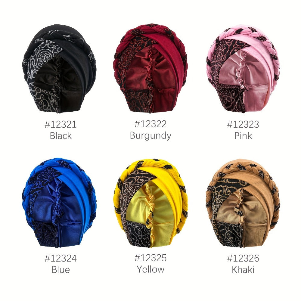 Turban Hats - Hat Women Braided Design Lace Stitching Solid Color Beanie - Chemo - product detail view 2