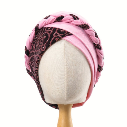 Turban Hats - Hat Women Braided Design Lace Stitching Solid Color Beanie - Chemo - product detail view 4