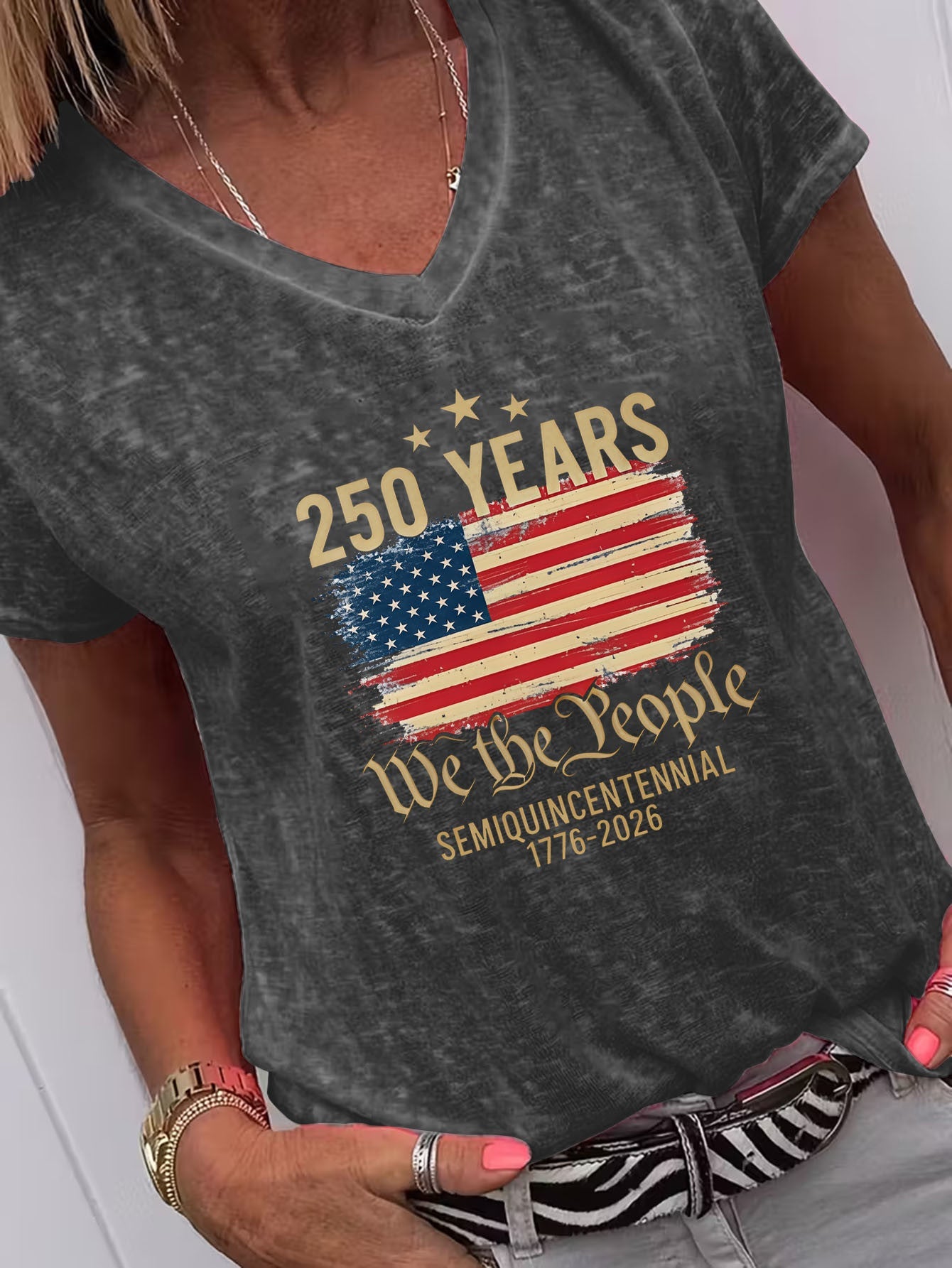 Unisex American Flag T-Shirt - Short Sleeve – Dark Gray / Black detail view