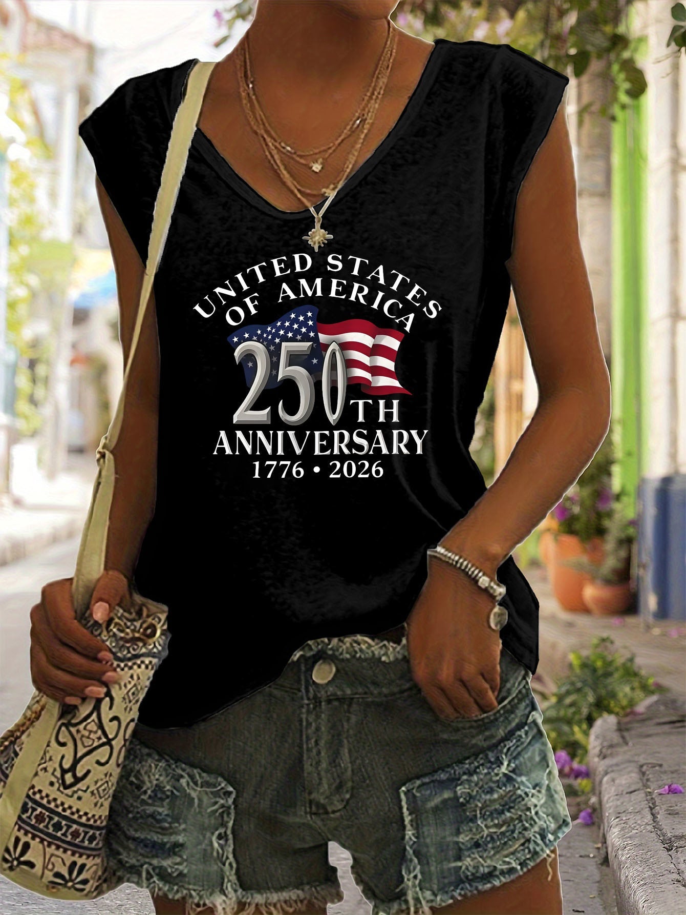 Unisex American Flag T-Shirt - Sleeveless detail view