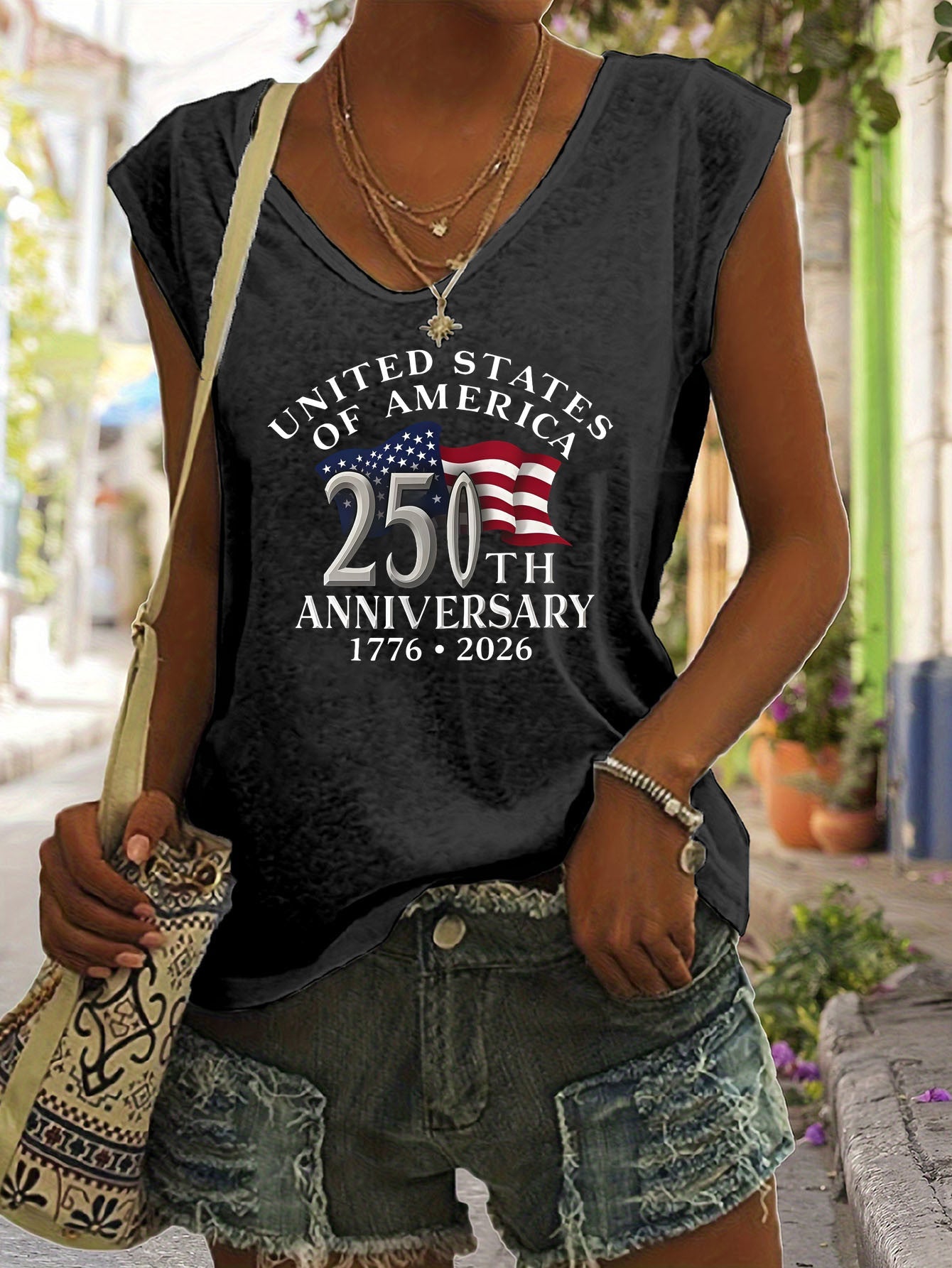Unisex American Flag T-Shirt - Sleeveless – Gray option – view 4