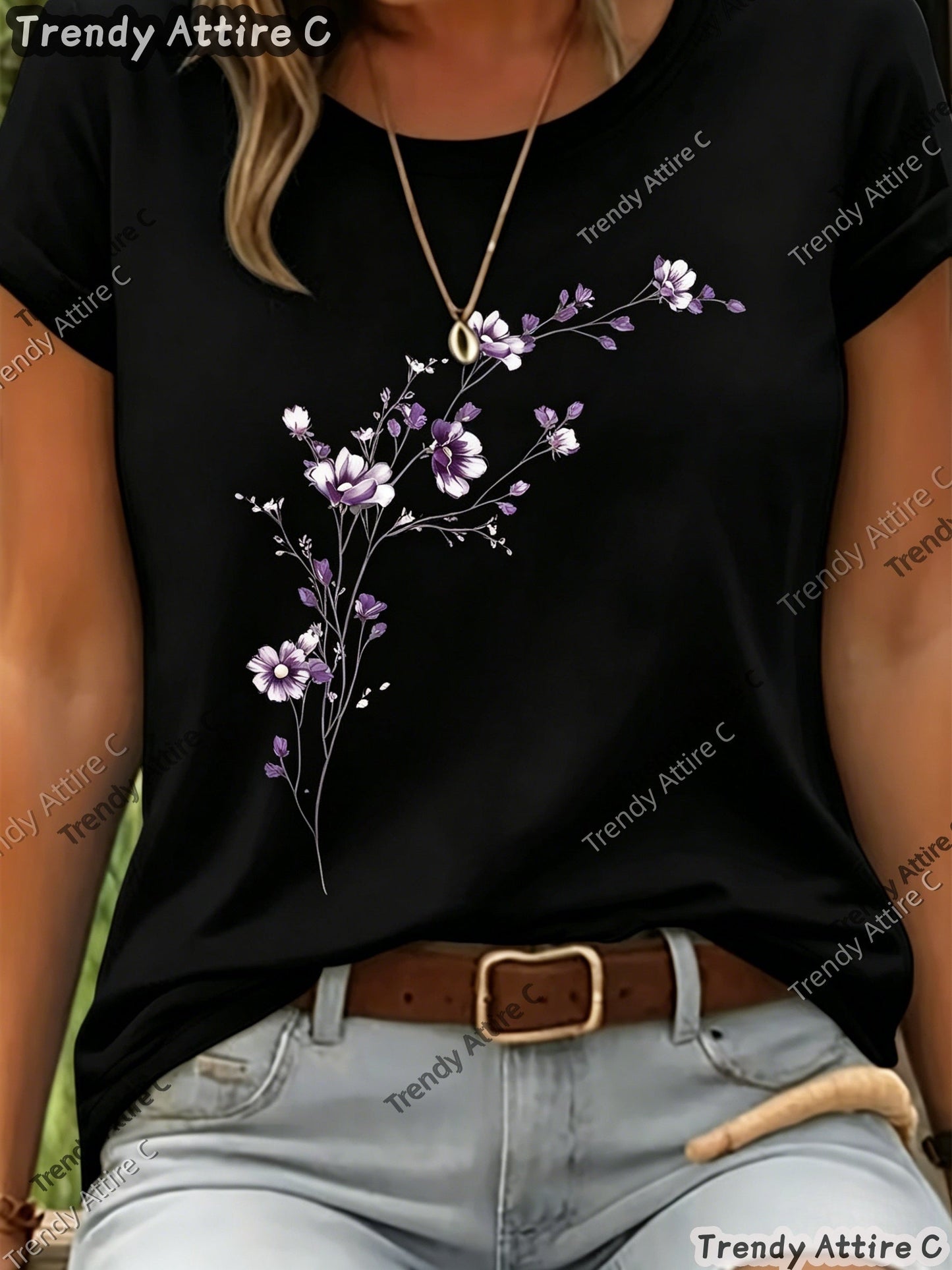 Unisex Floral Print T-Shirt - Short Sleeve – 15-Color Selection – Purple option – view 4