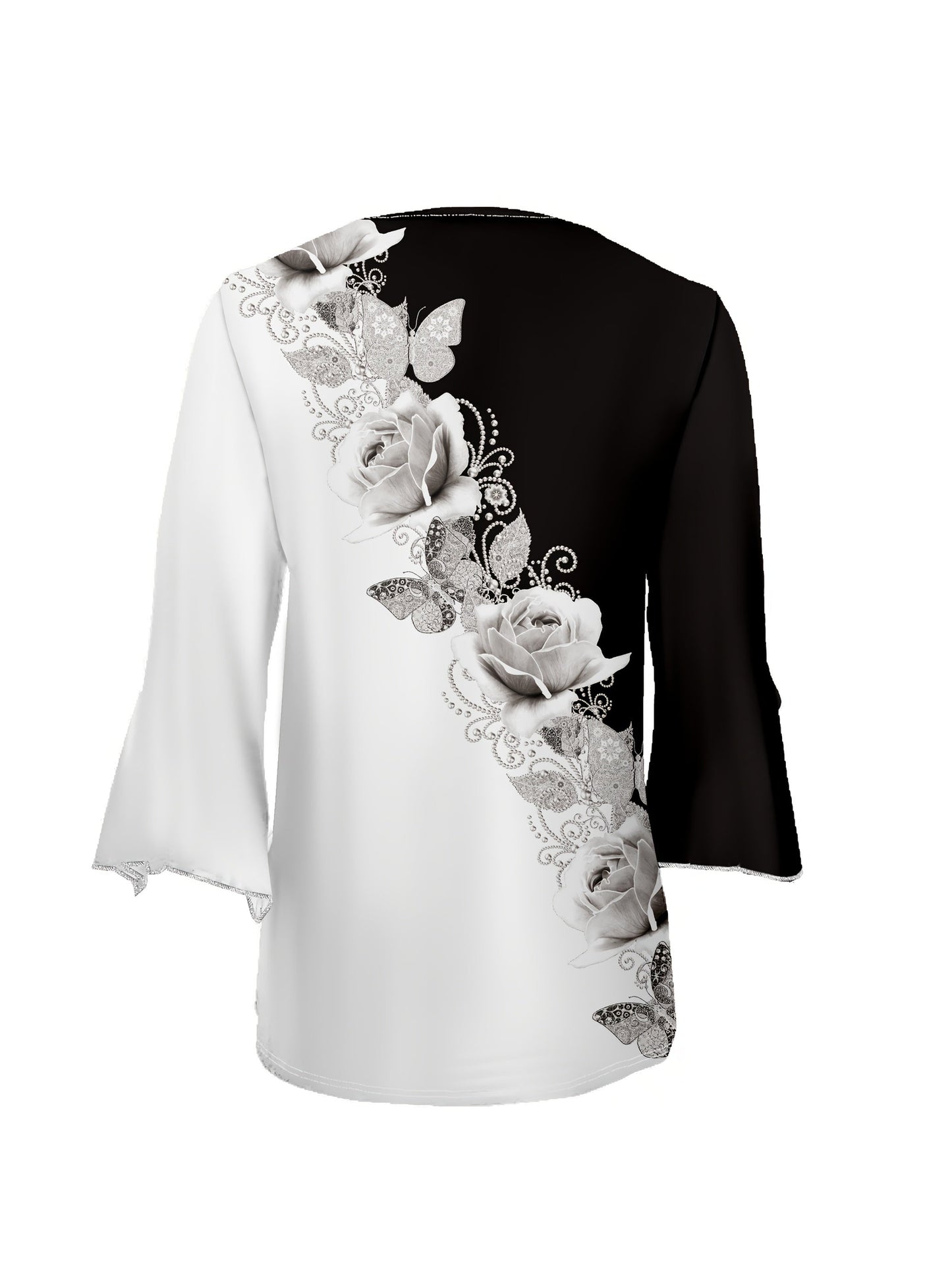Unisex Floral Print T-Shirt - Short Sleeve – Black detail view