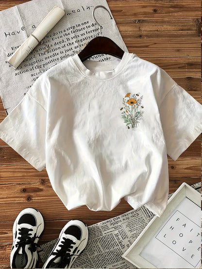 Unisex Floral Print T-Shirt - Short Sleeve – White / Sizes S–XXL detail view
