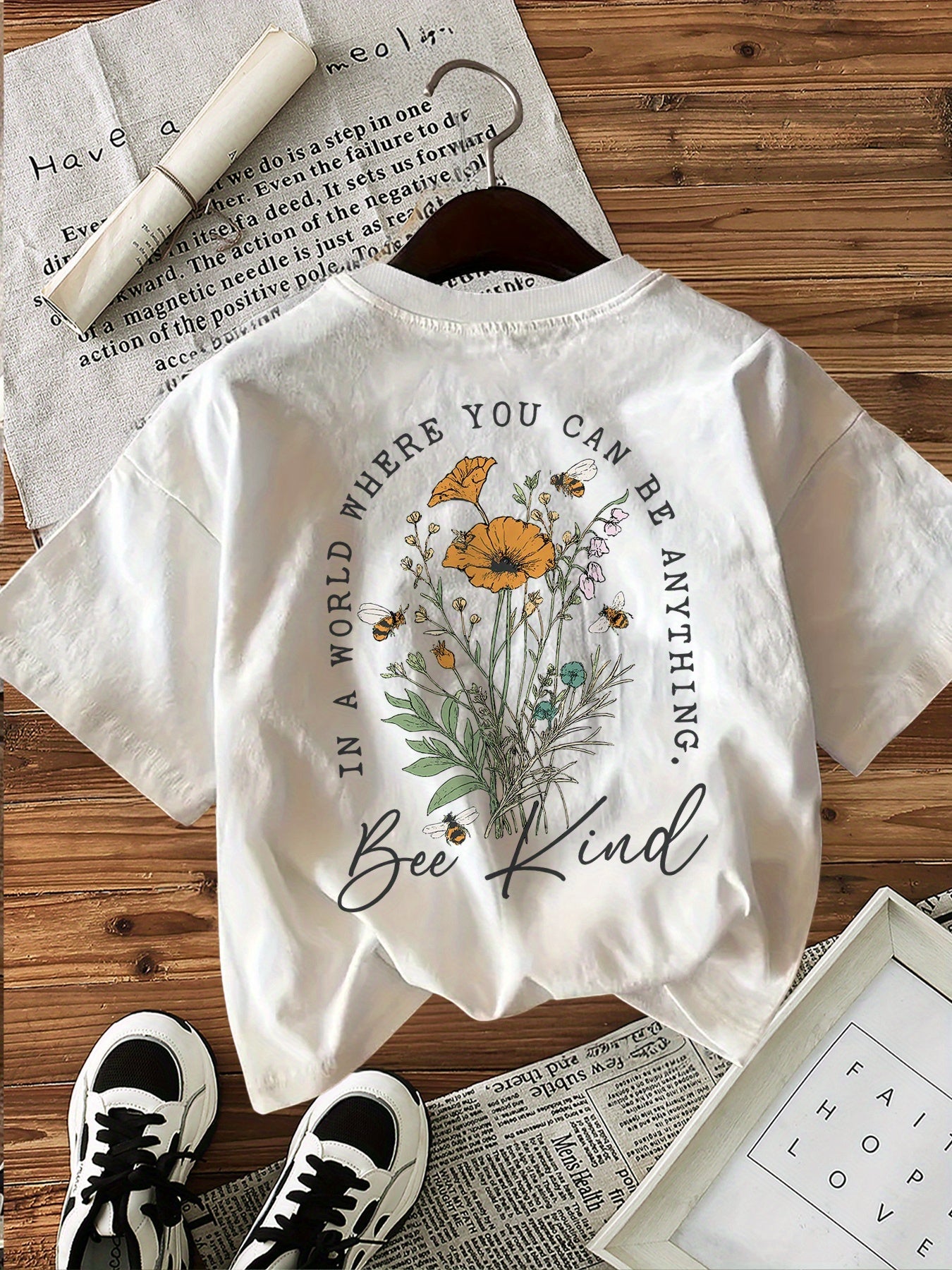 Unisex Floral Print T-Shirt - Short Sleeve – White / Sizes S–XXL detail view