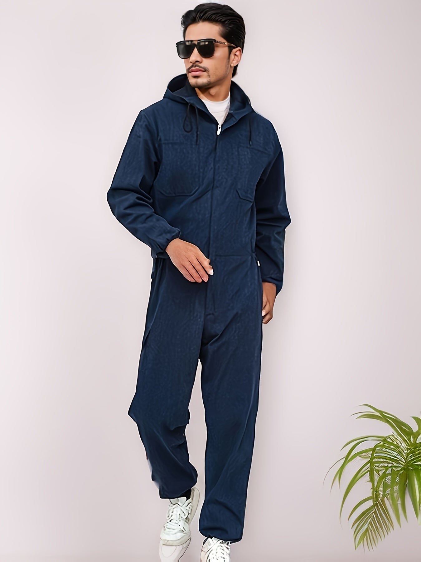 Unisex Hooded Denim-Look Coveralls - Loose Fit Zipper Front – view 5