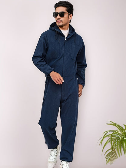 Unisex Hooded Denim-Look Coveralls - Loose Fit Zipper Front – view 10