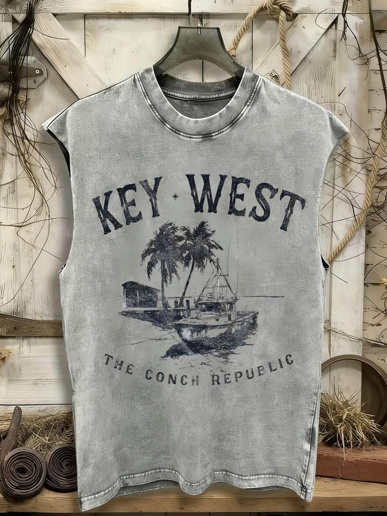 Unisex washed Key West graphic sleeveless tank top – main product image