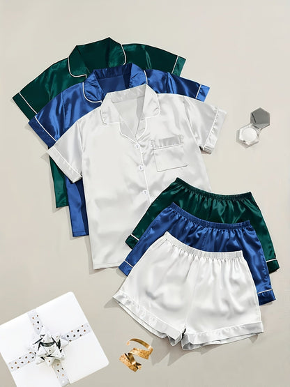 Unisex Pajama Set – Black + Champagne + Pink Satin Short-Sleeve Shorts – view 2