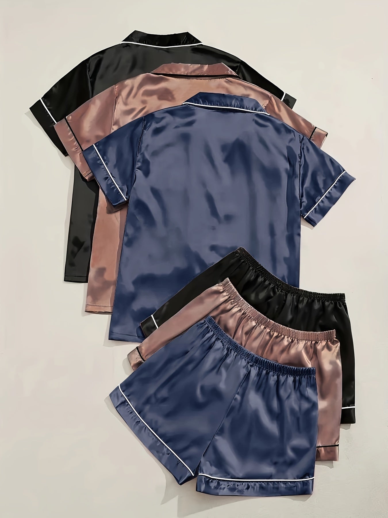 Unisex Pajama Set – Black + Champagne + Pink Satin Short-Sleeve Shorts – view 7