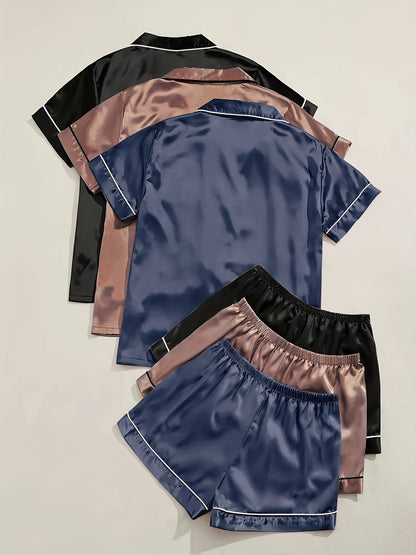 Unisex Pajama Set – Black + Champagne + Pink Satin Short-Sleeve Shorts – view 7