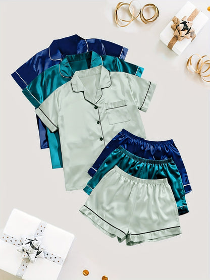 Unisex Pajama Set – Black + Champagne + Pink Satin Short-Sleeve Shorts – view 12