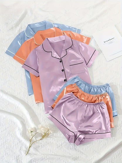 Unisex Pajama Set – Black + Champagne + Pink Satin Short-Sleeve Shorts – view 18
