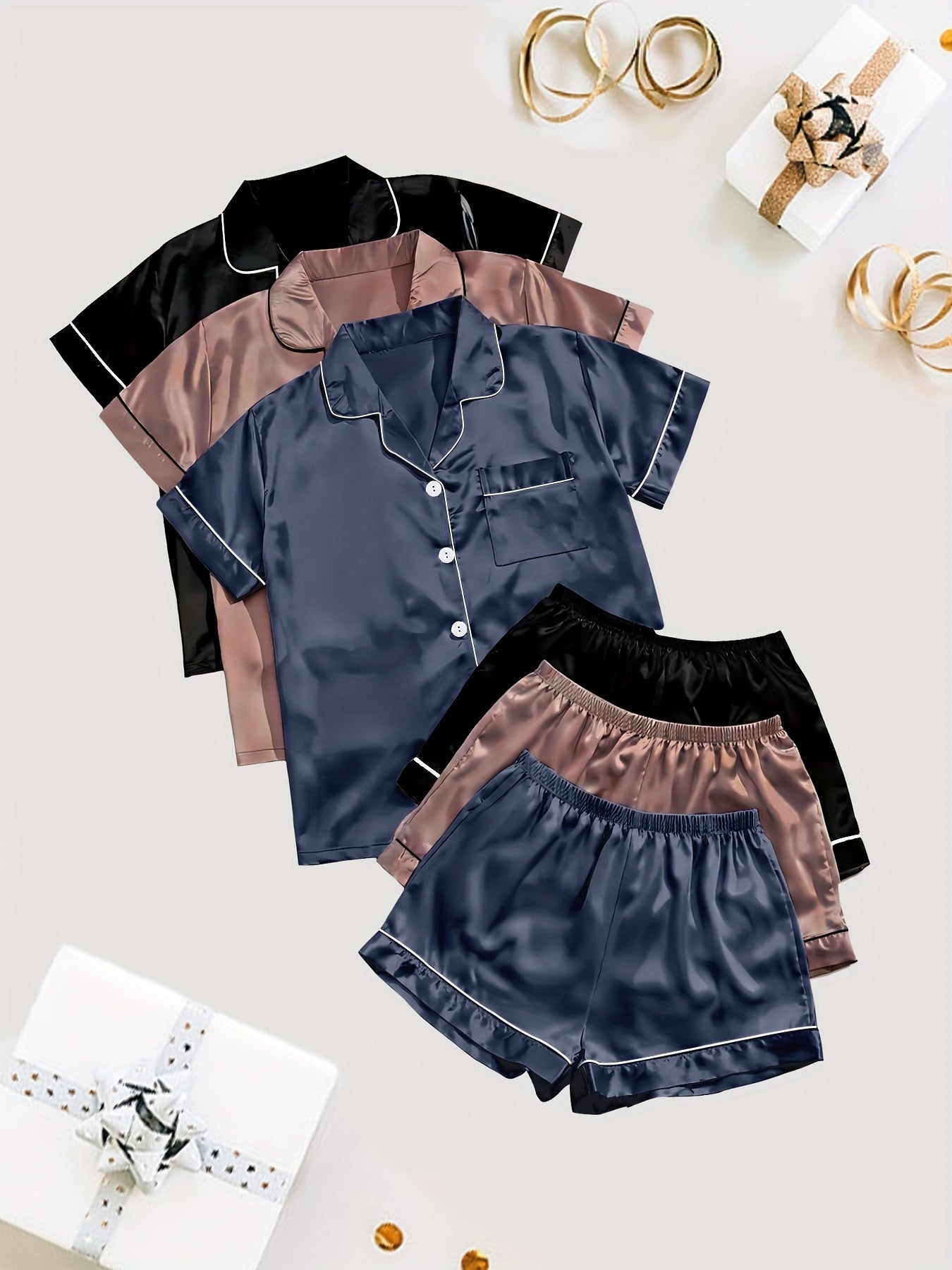 Unisex Pajama Set – Black + Champagne + Pink Satin Short-Sleeve Shorts – Black option – main product image