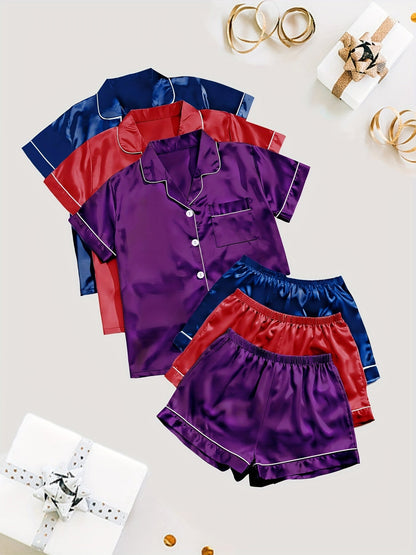 Unisex Pajama Set – Black + Champagne + Pink Satin Short-Sleeve Shorts – Black option – view 3