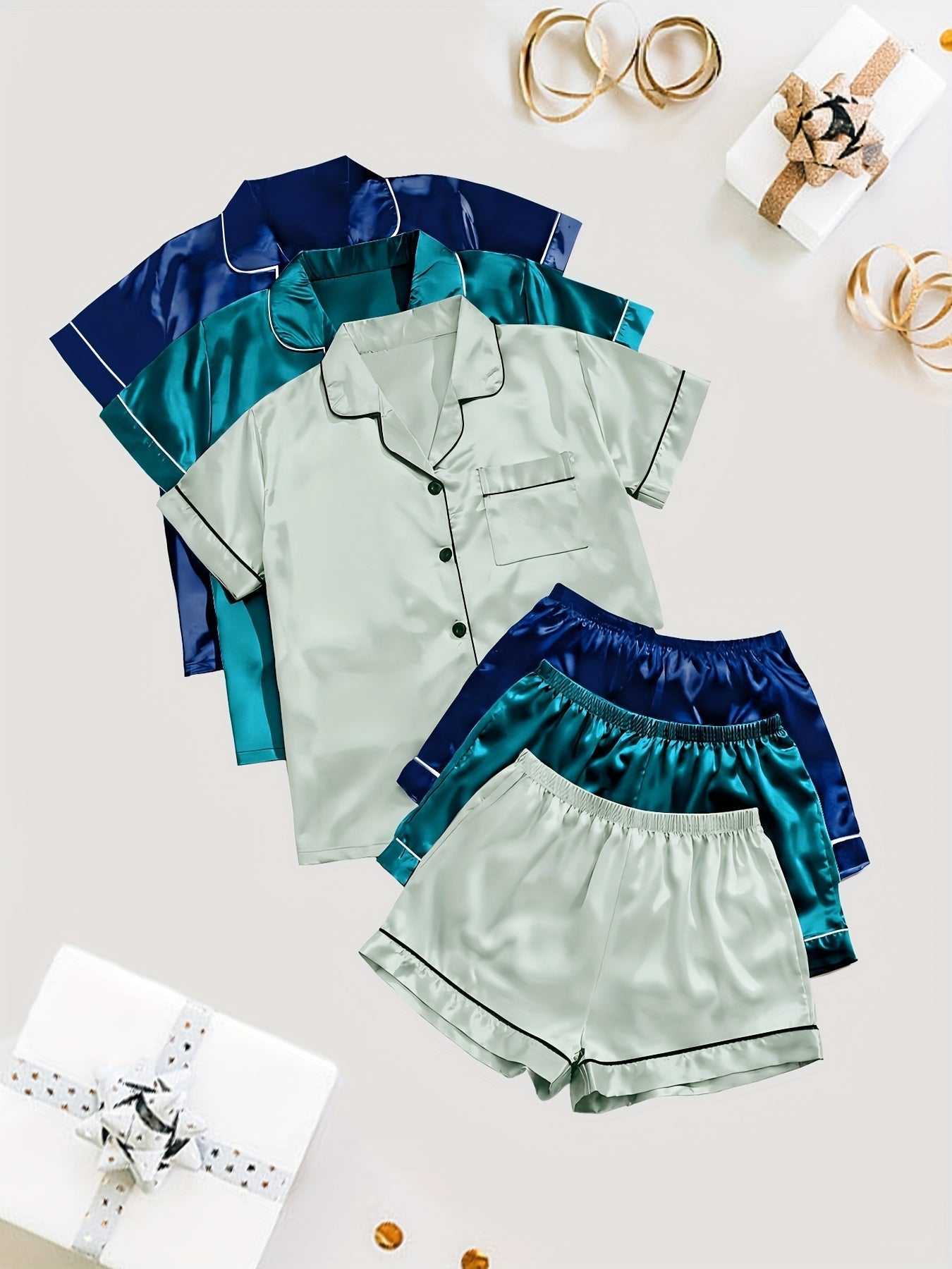 Unisex Pajama Set – Black + Champagne + Pink Satin Short-Sleeve Shorts – Black option – view 5