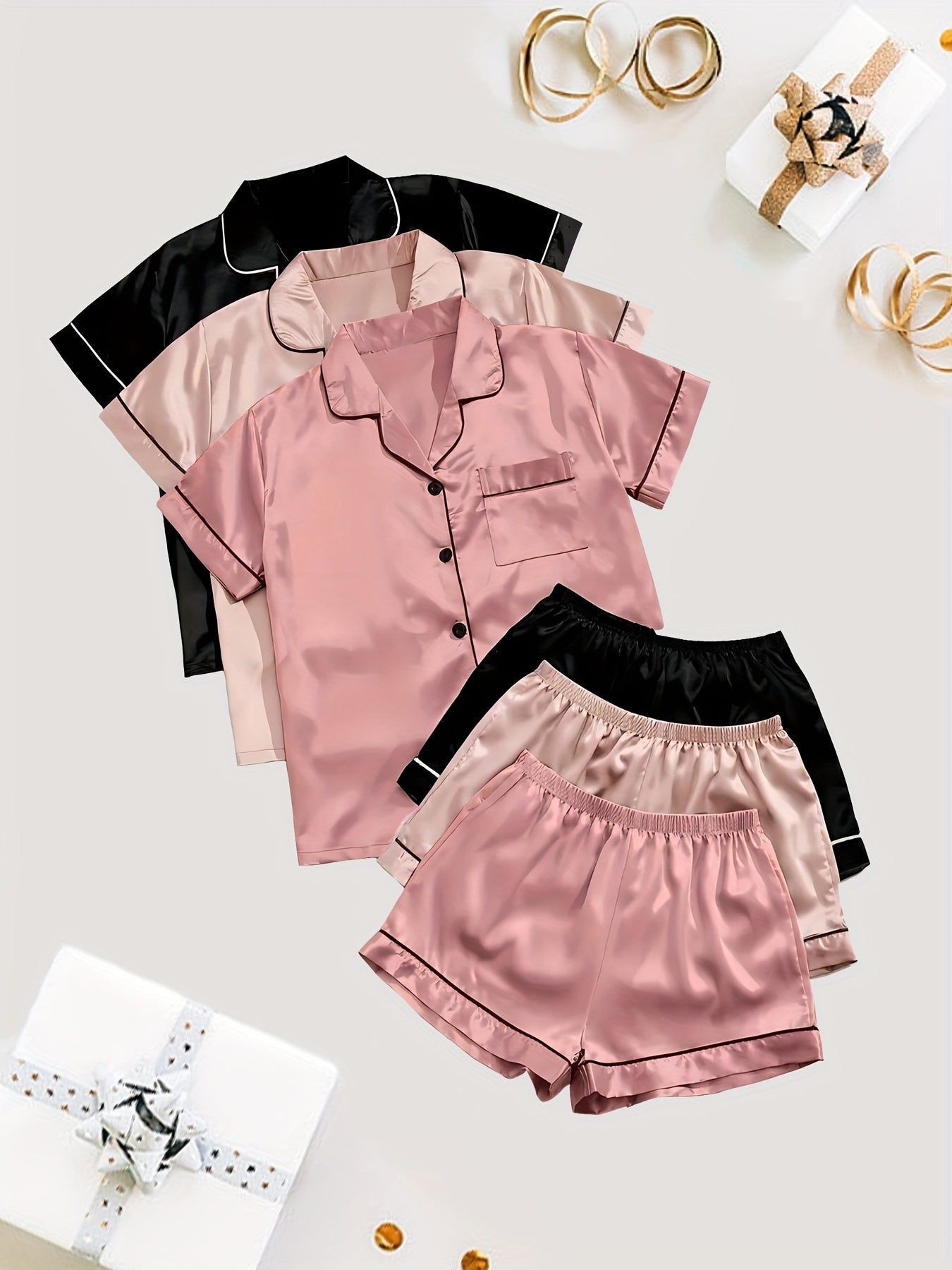 Unisex Pajama Set – Black + Champagne + Pink Satin Short-Sleeve Shorts – Black option – view 6