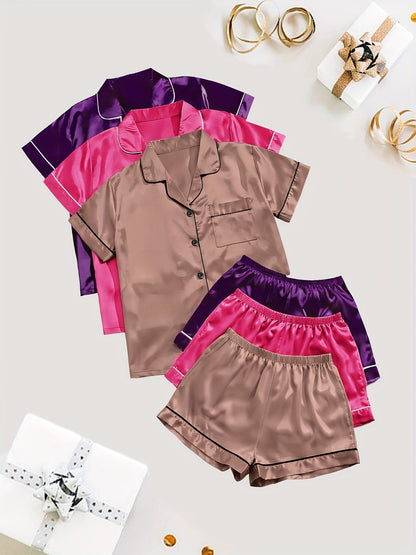 Unisex Pajama Set – Black + Champagne + Pink Satin Short-Sleeve Shorts – Black option – view 10