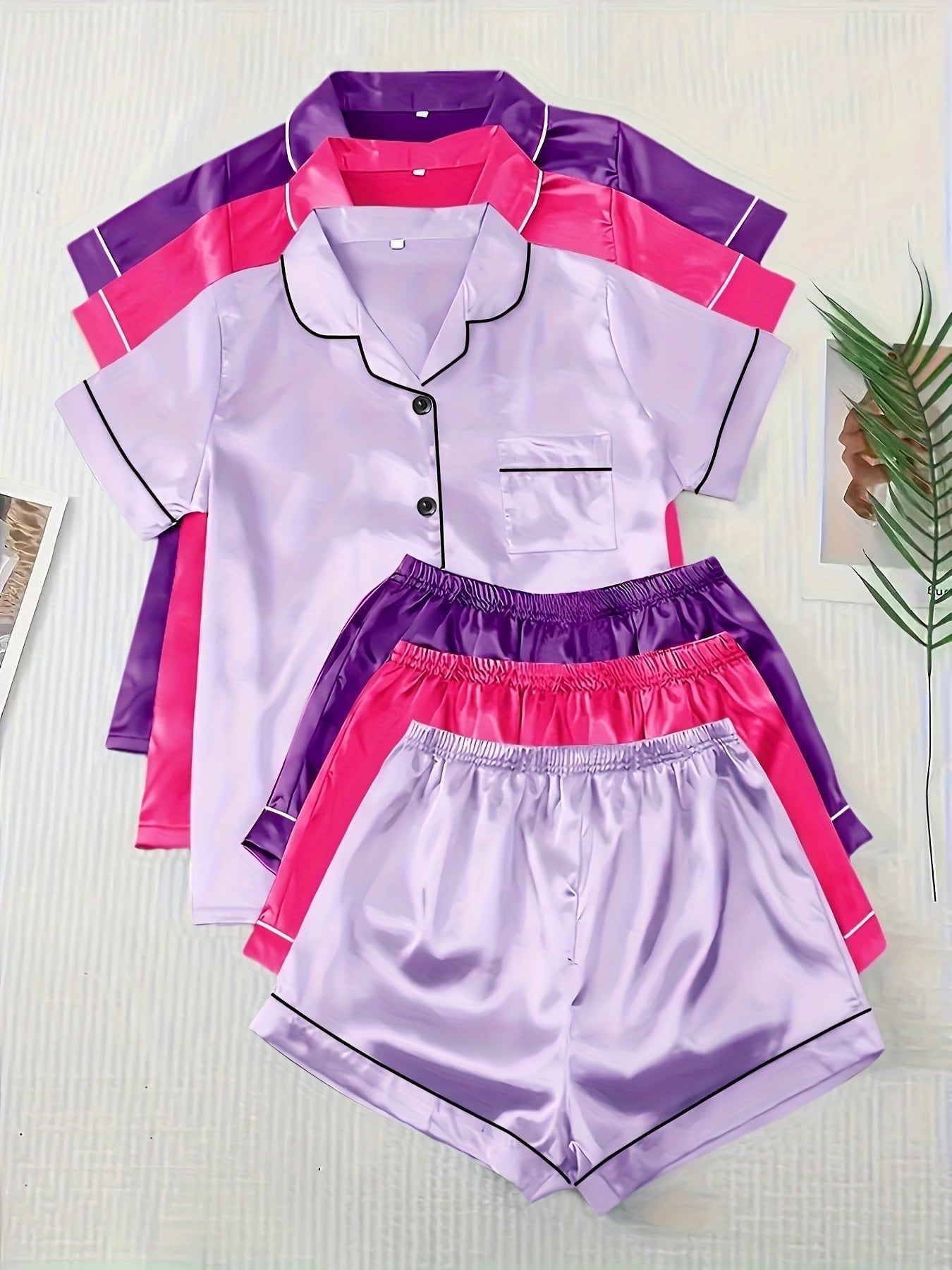 Unisex Pajama Set – Light Green + Champagne + Pink Satin Shorts – main product image