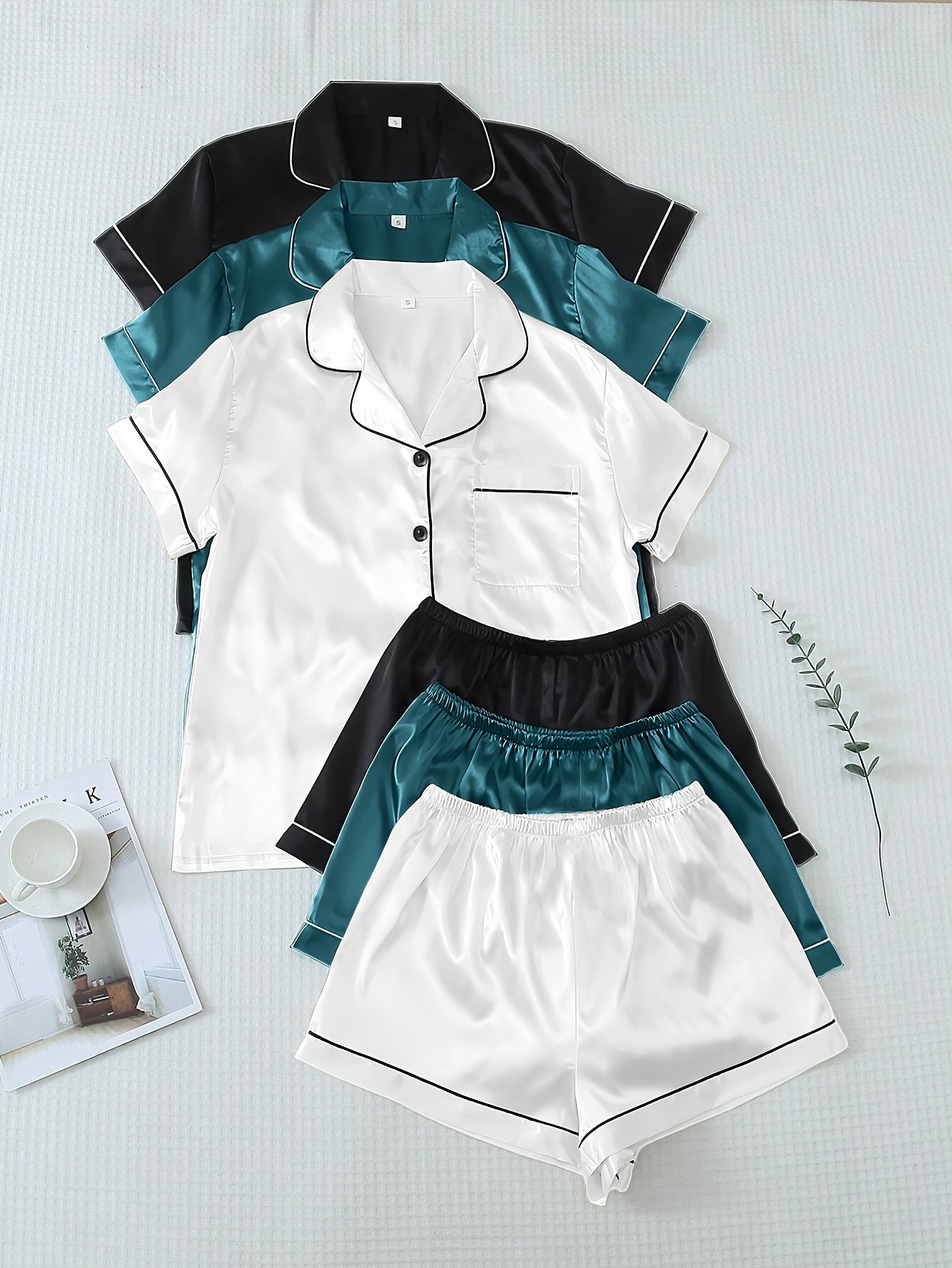 Unisex Pajama Set – Light Green + Champagne + Pink Satin Shorts – view 3