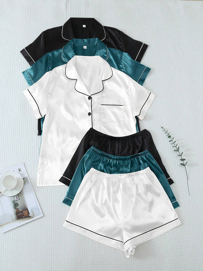 Unisex Pajama Set – Light Green + Champagne + Pink Satin Shorts – view 3