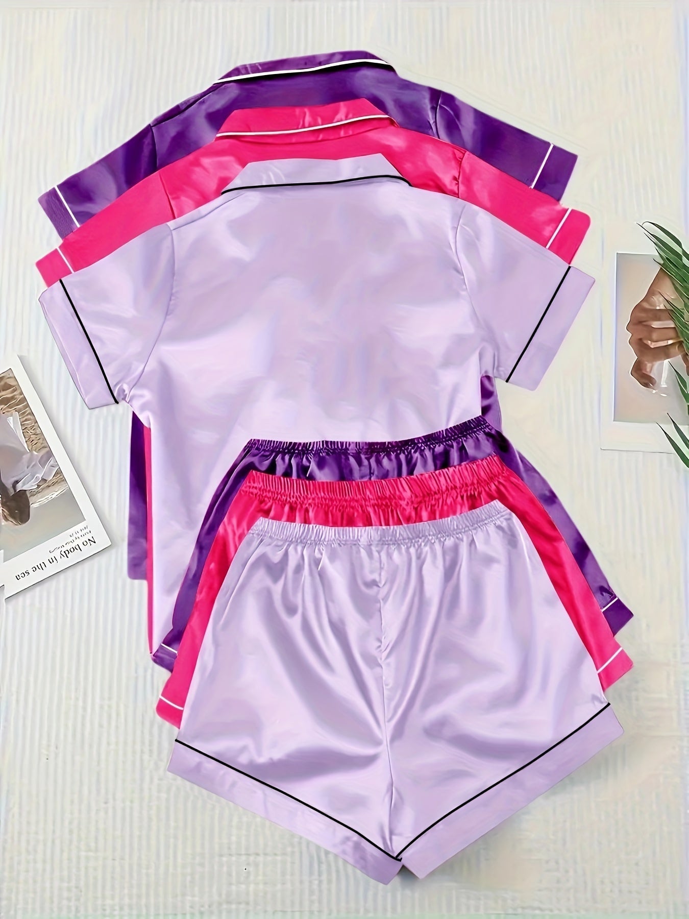 Unisex Pajama Set – Light Green + Champagne + Pink Satin Shorts – view 6