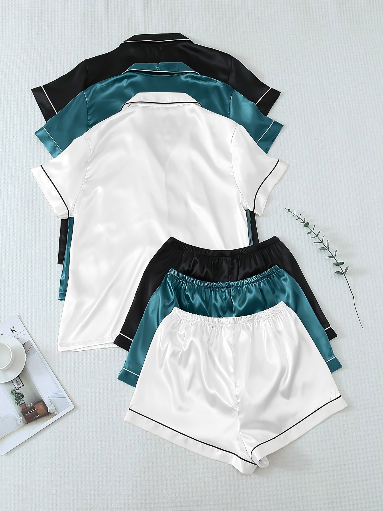 Unisex Pajama Set – Light Green + Champagne + Pink Satin Shorts – view 8