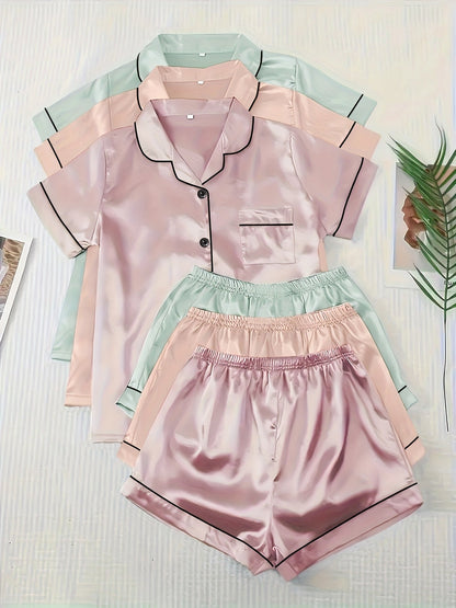 Unisex Pajama Set – Light Green + Champagne + Pink Satin Shorts – Green option – view 4