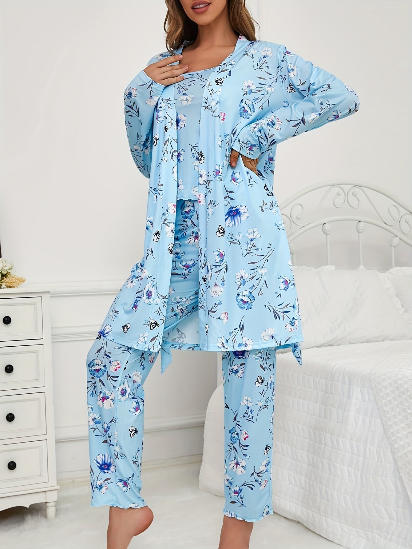 Unisex Pajama Set – Light Green Polyester Floral Printed Pants – view 3