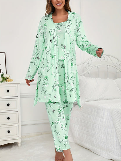 Unisex Pajama Set – Light Green Polyester Floral Printed Pants – view 4