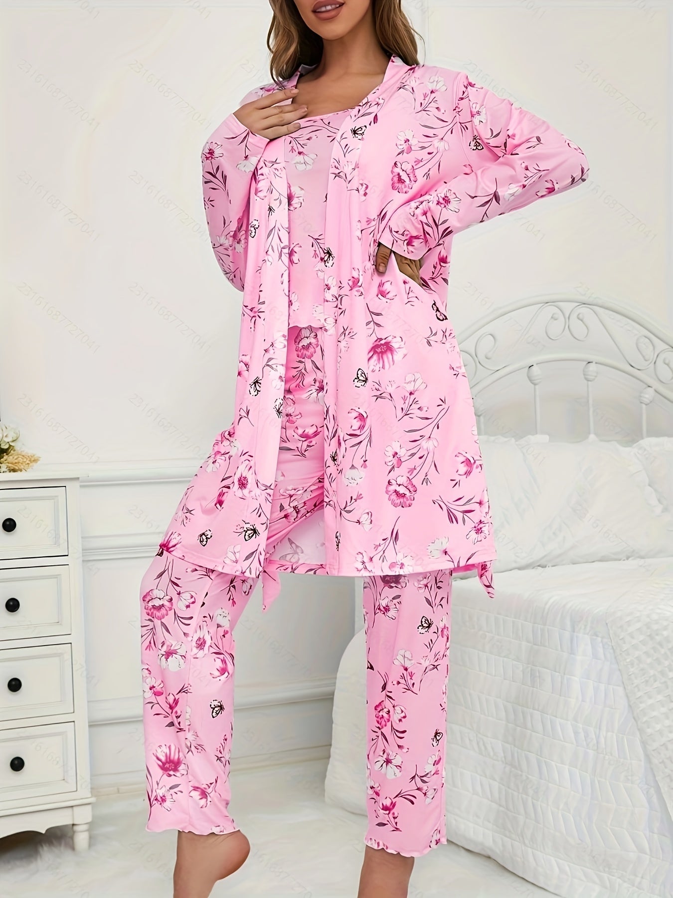 Unisex Pajama Set – Light Green Polyester Floral Printed Pants – view 11