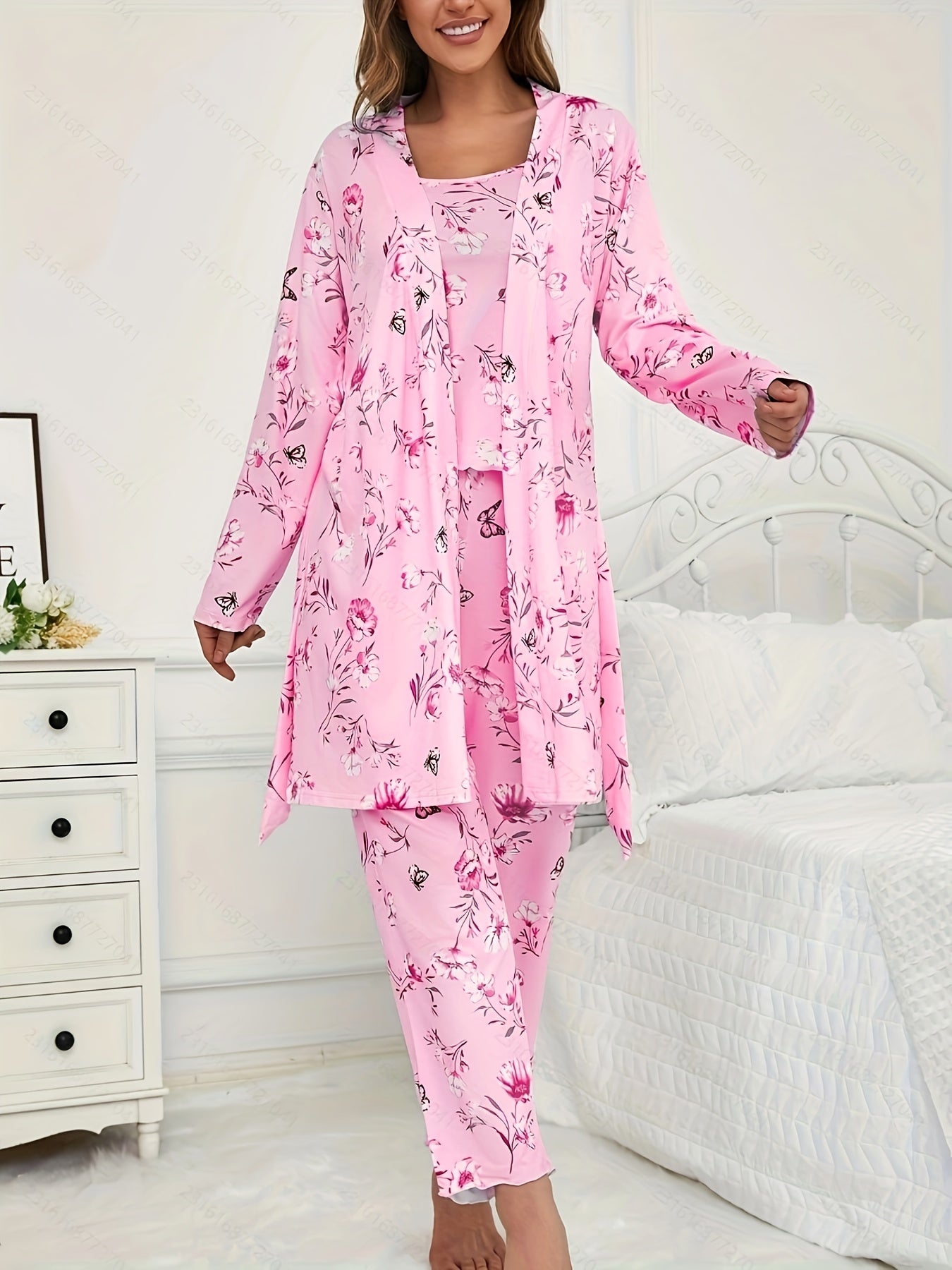 Unisex Pajama Set – Light Green Polyester Floral Printed Pants – view 12