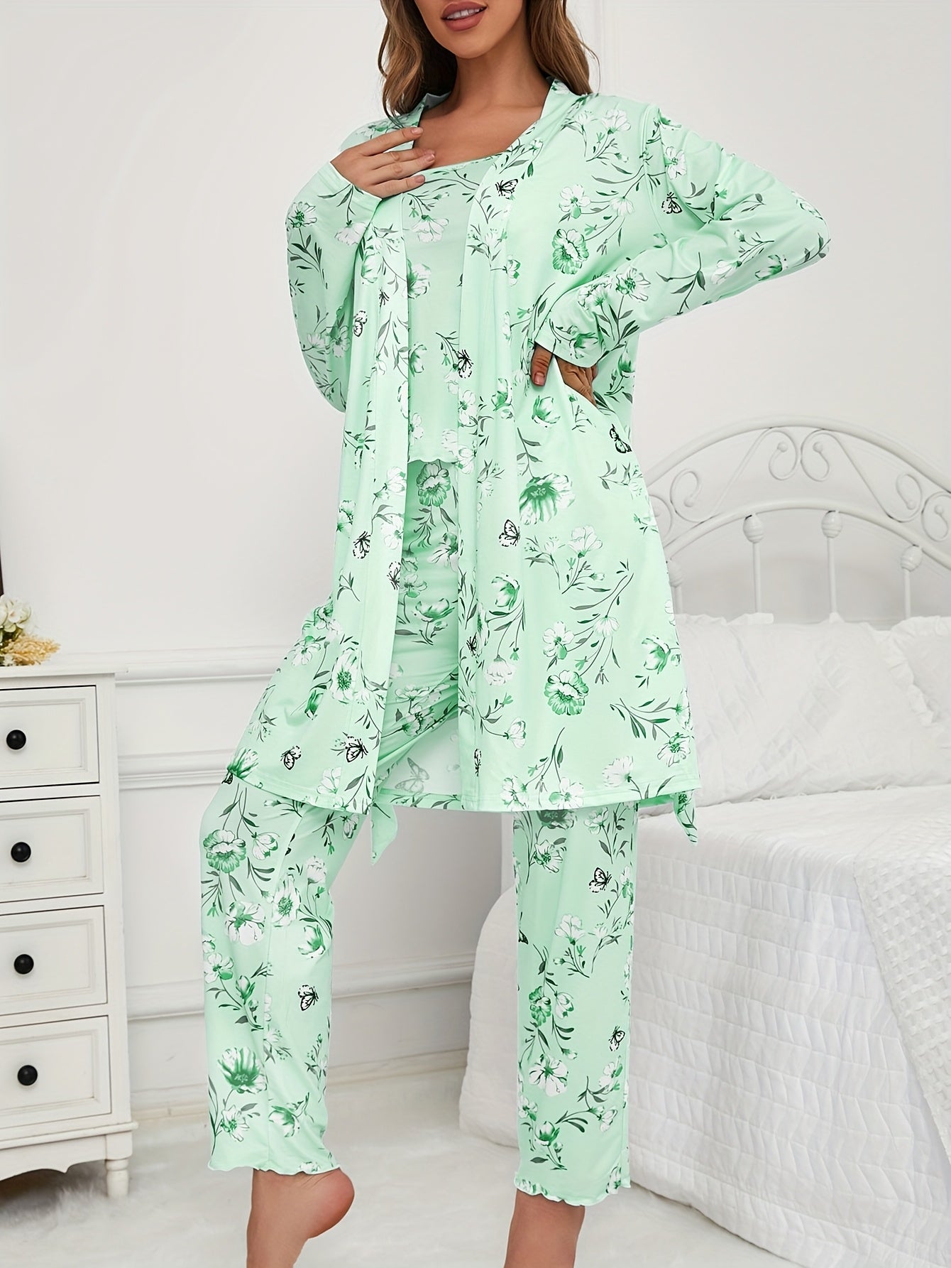 Unisex Pajama Set – Light Green Polyester Floral Printed Pants – view 15